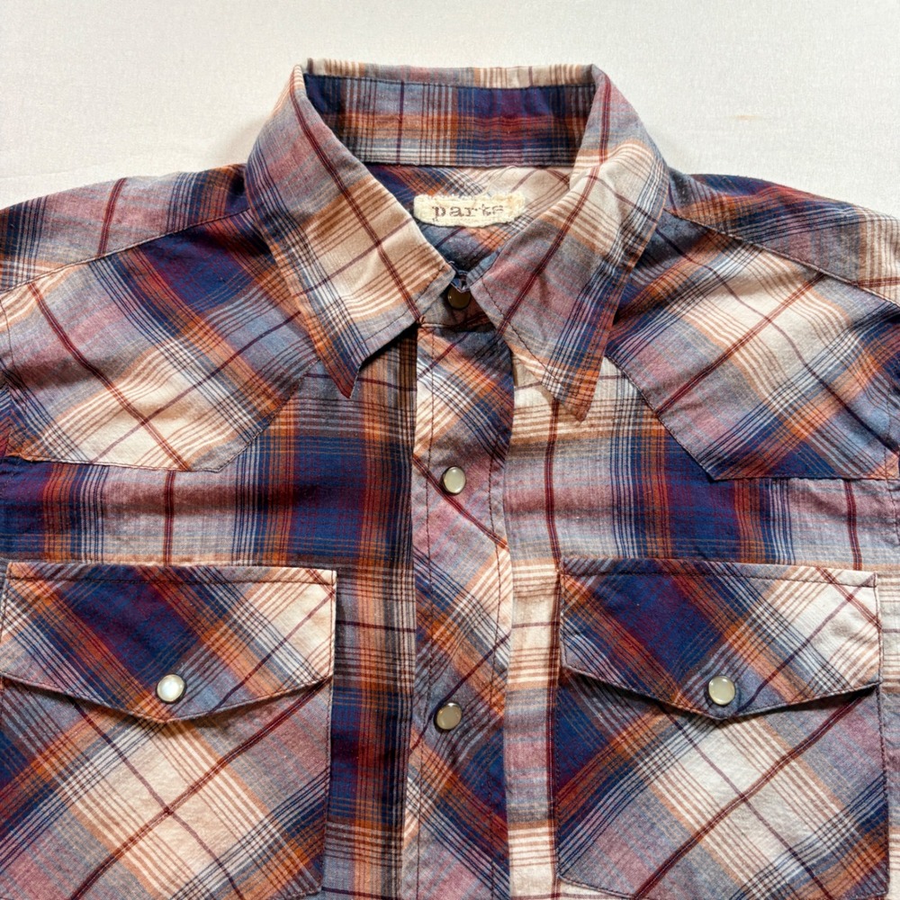 Parts Western Snap Shirt Mens Small Blue Orange Plaid Pearl Snap Long Sleeve